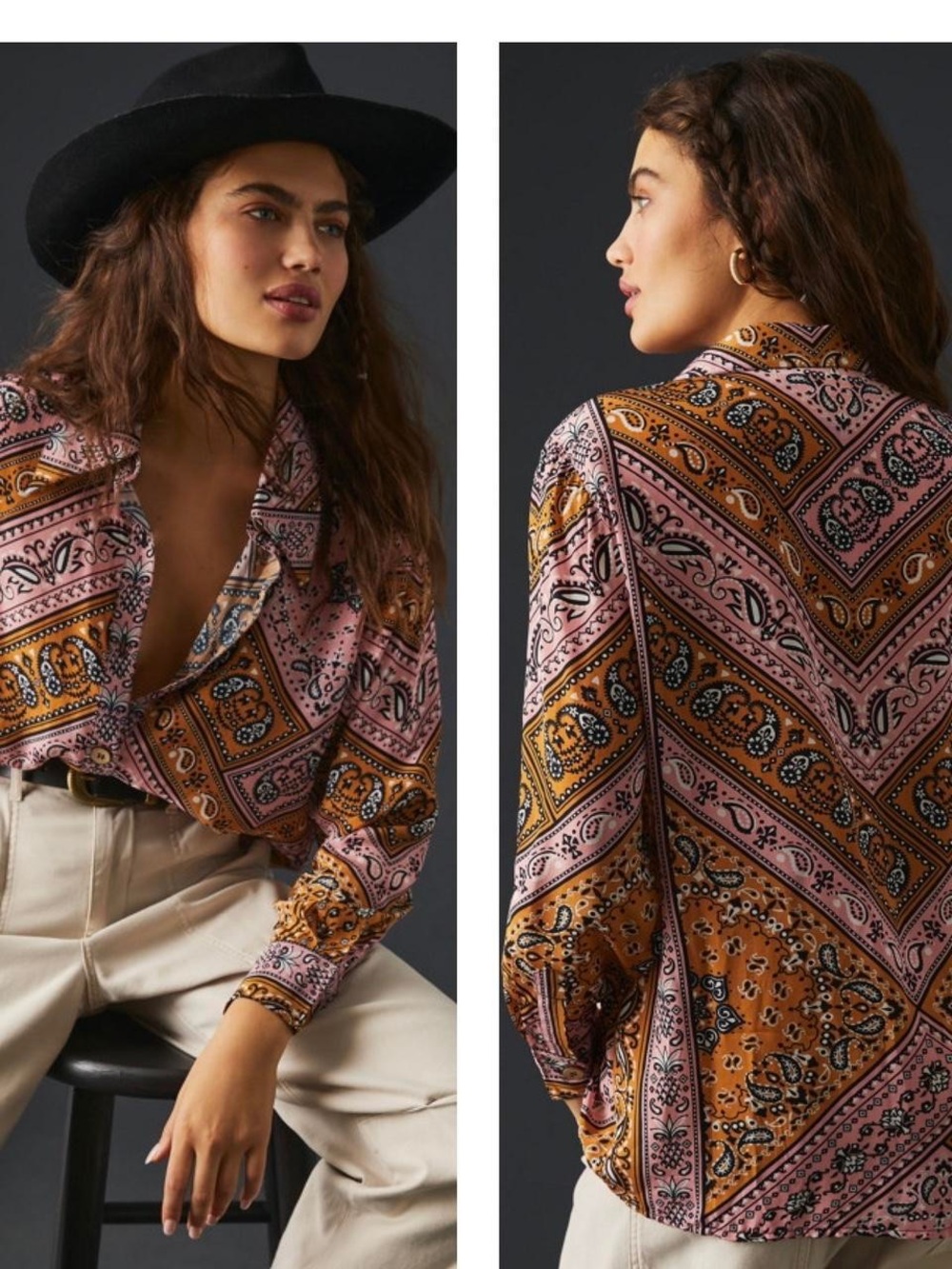 Anthropologie x Farm Rio Paisley Button-Up Top in Pink & Mustard- Medium